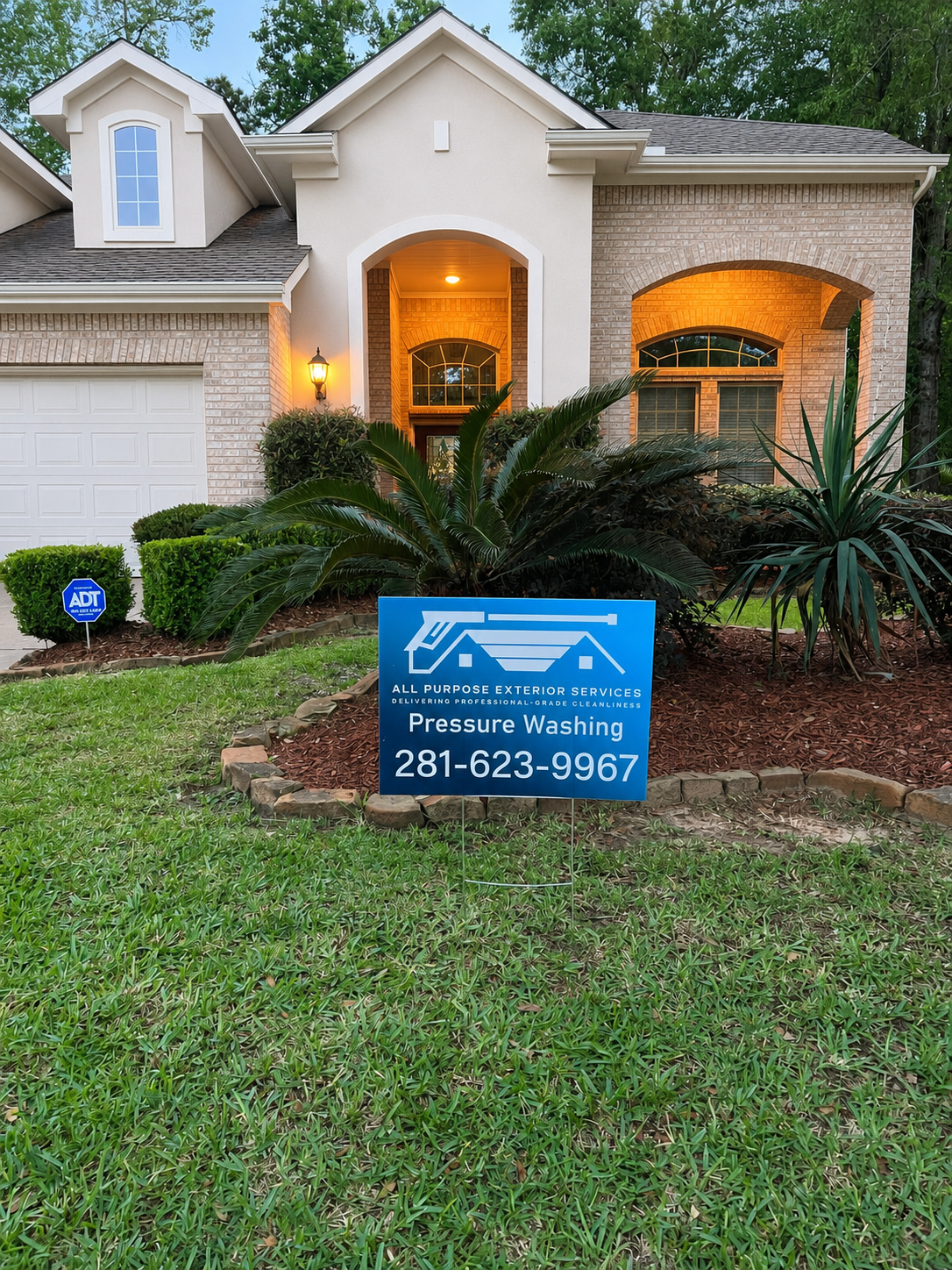 All Purpose Exterior Services pressure washing yard sign staked in a freshly cleaned front lawn